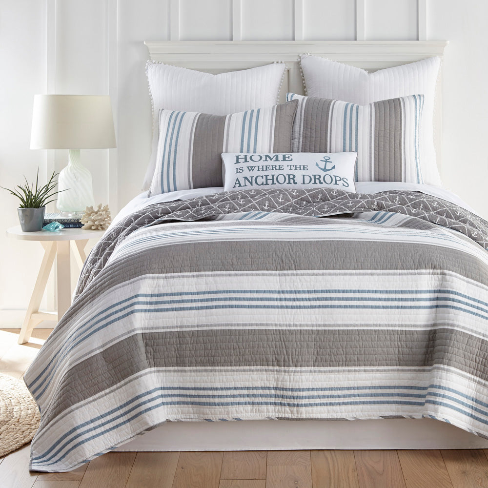 Stylish Grey and Blue Striped King Single Province Coverlet Set
