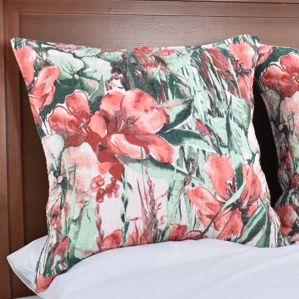 Chloe European Pillowcase with Tonal Green and Red Floral Design