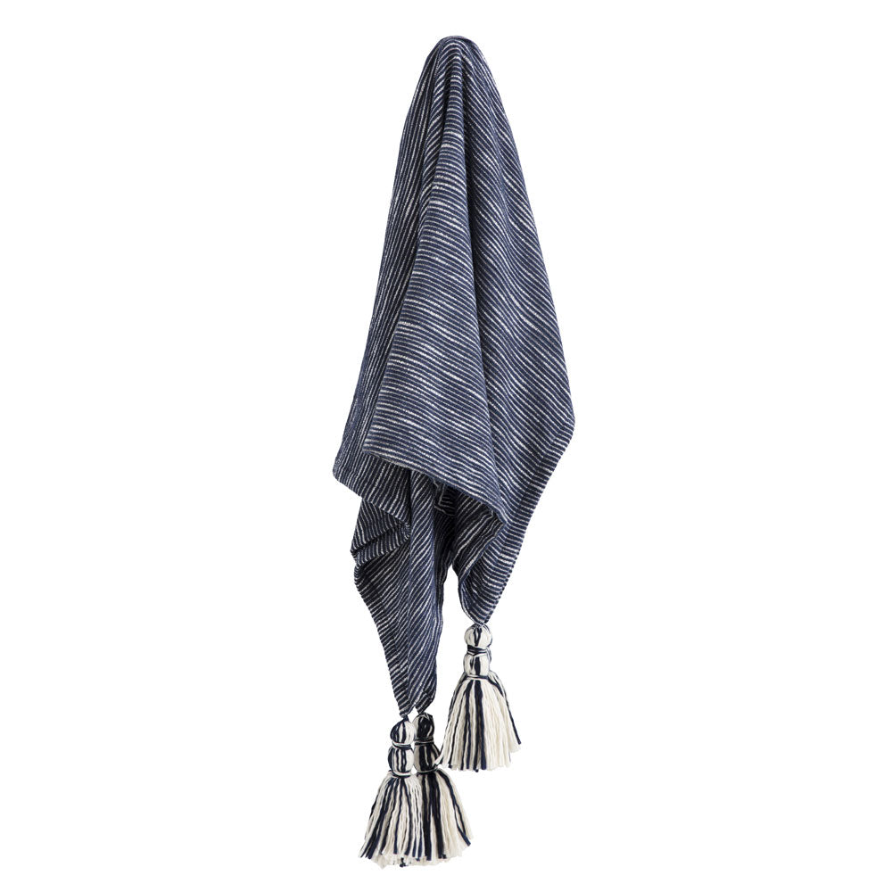 Navy Blue KAS Montauk Decorative Throw Blanket with Oversized Tassels