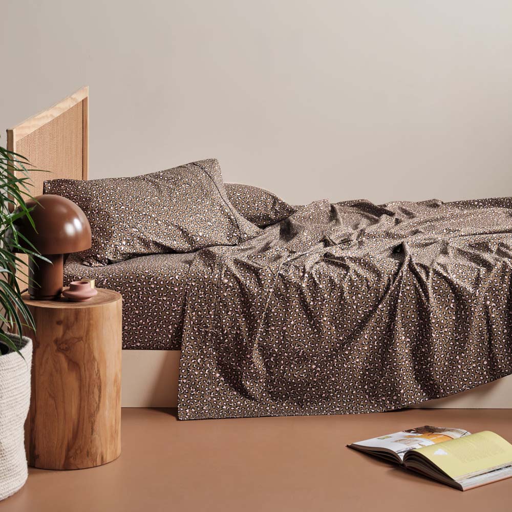 King Single Bed Goldie Timber Cotton Sheet Set with a Playful Leopard Print Design