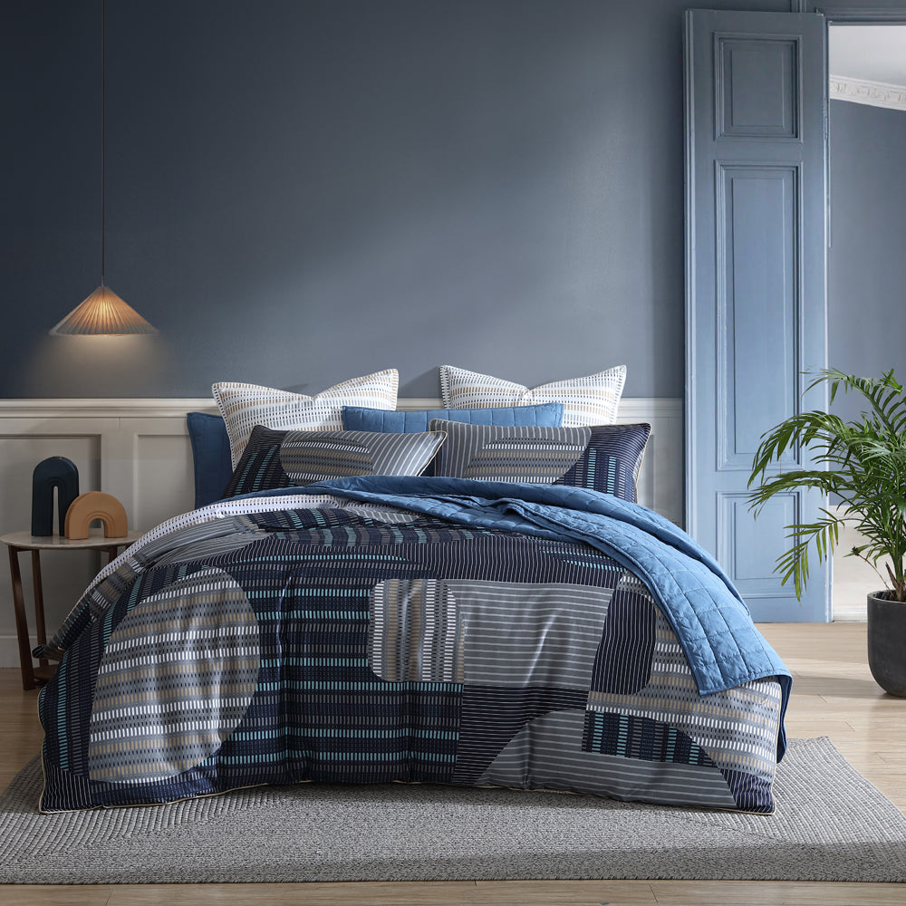Navy Blue Contemporary Geometric Super King Quilt Cover Set - Statham by Logan and Mason