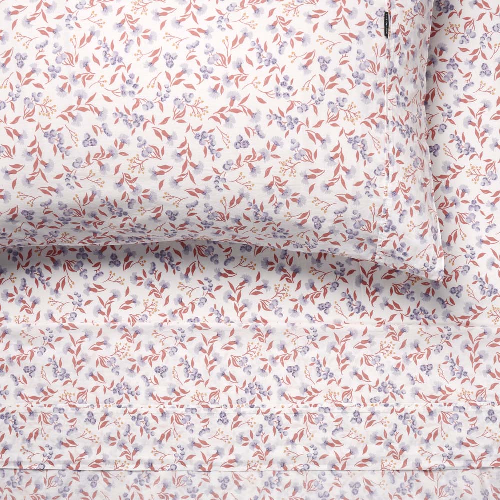 Single Bed Matilda Peach Cotton Sheet Set with Hand - painted Native Australian Botanical Design