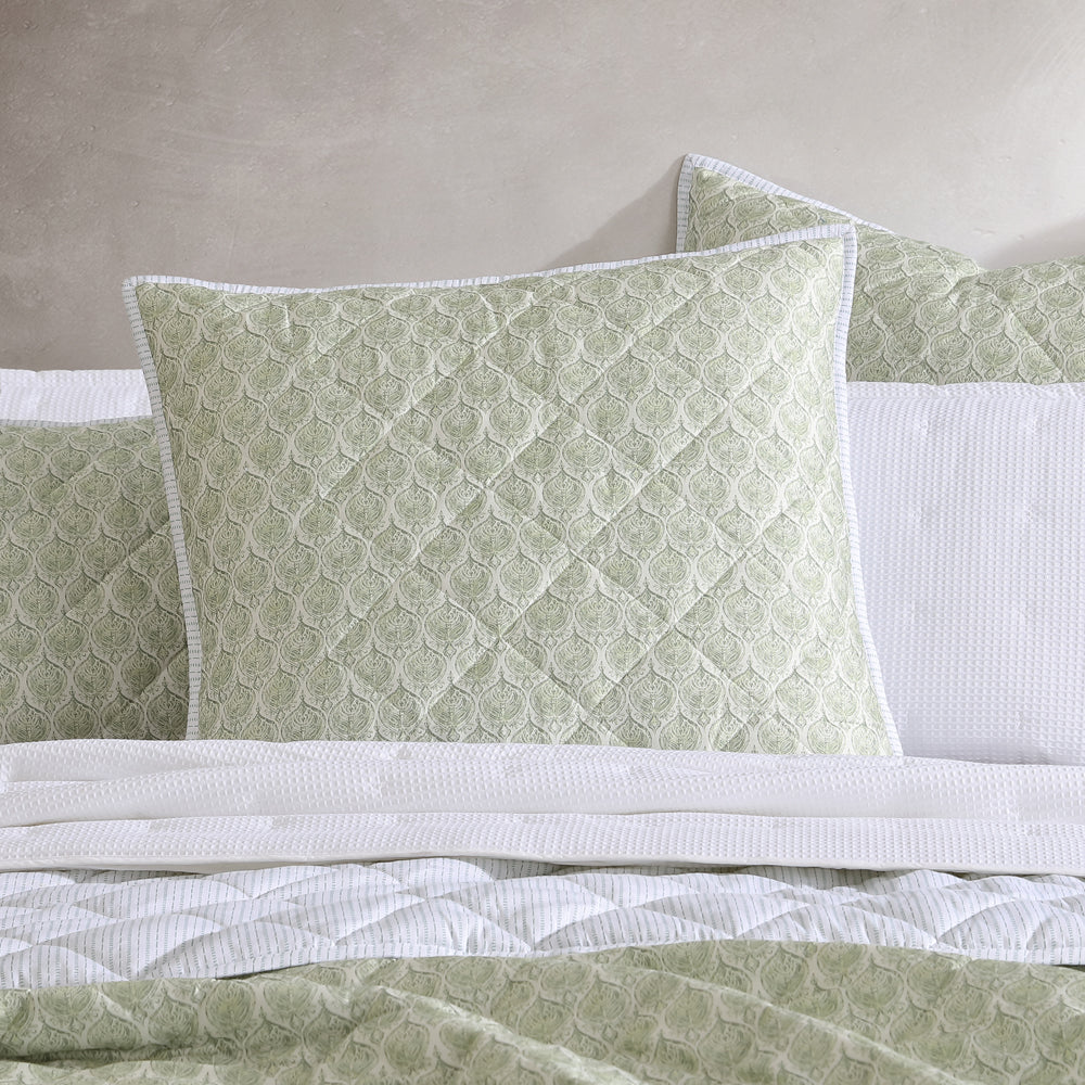 Stylish Shelby Sage European Sham with Boho Indian Block Print