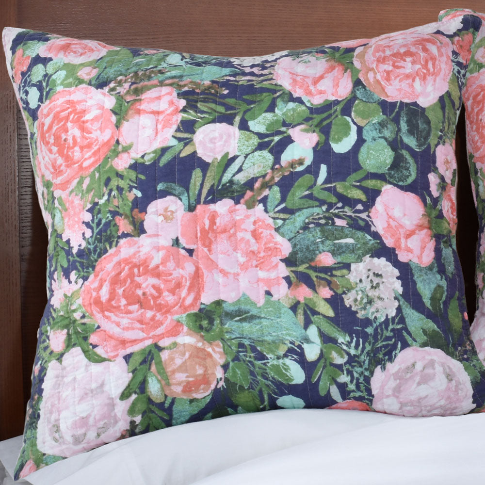 Navy Floral European Pillowcase by Queens with Pink Geometric Reverse