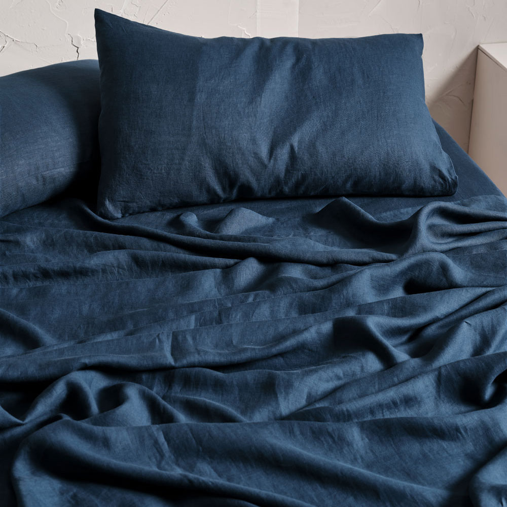 Navy Blue Linen Sheet Set for Queen Bed with 50cm Size - Ideal for All - Year Use