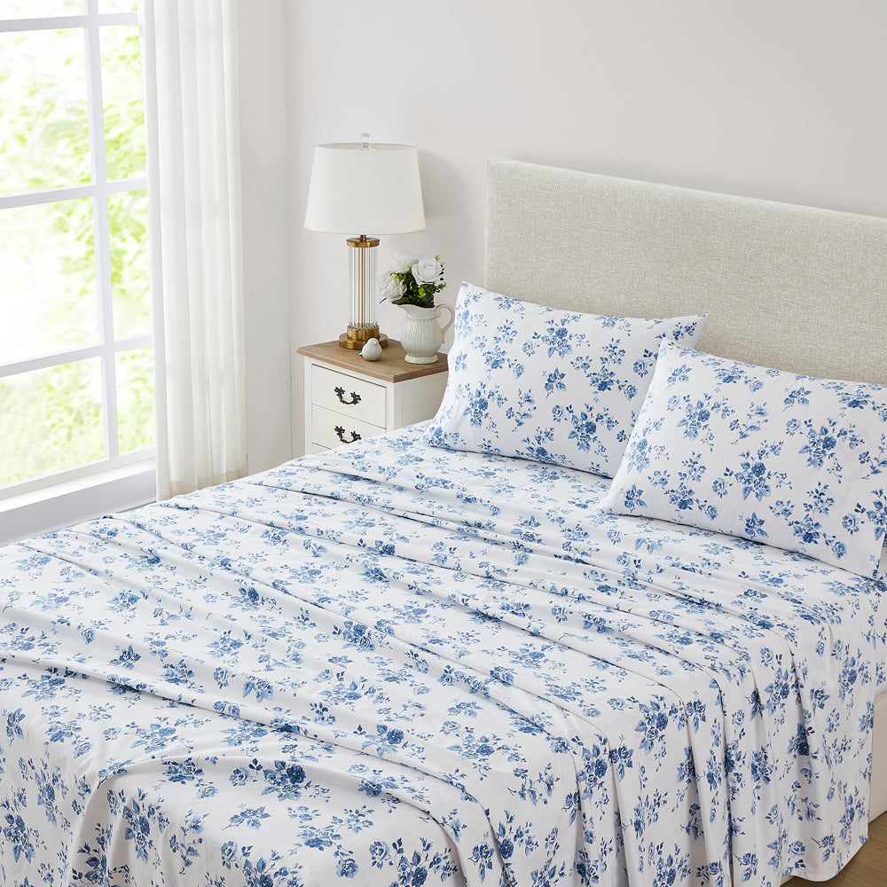 Laura Ashley Double Bed Midnight Blue China Rose Flannelette Sheet Set for a Cozy Bedroom