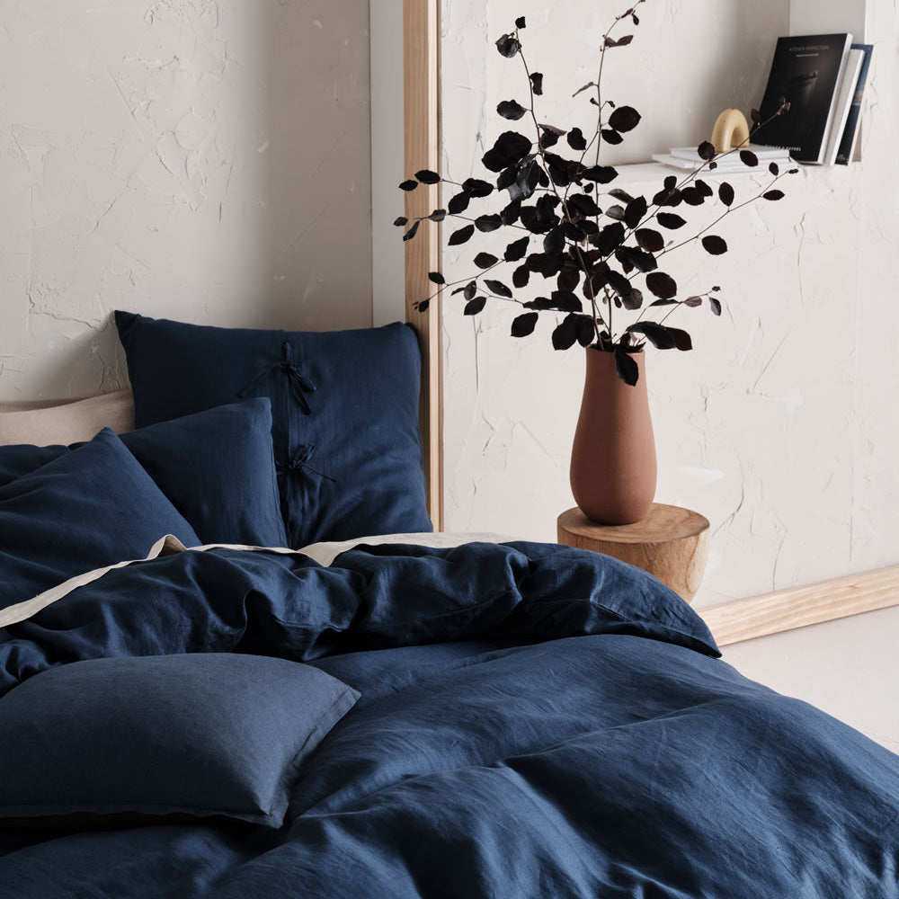 Navy Blue Linen Quilt Cover Set for Queen - Sized Bed by Linen House