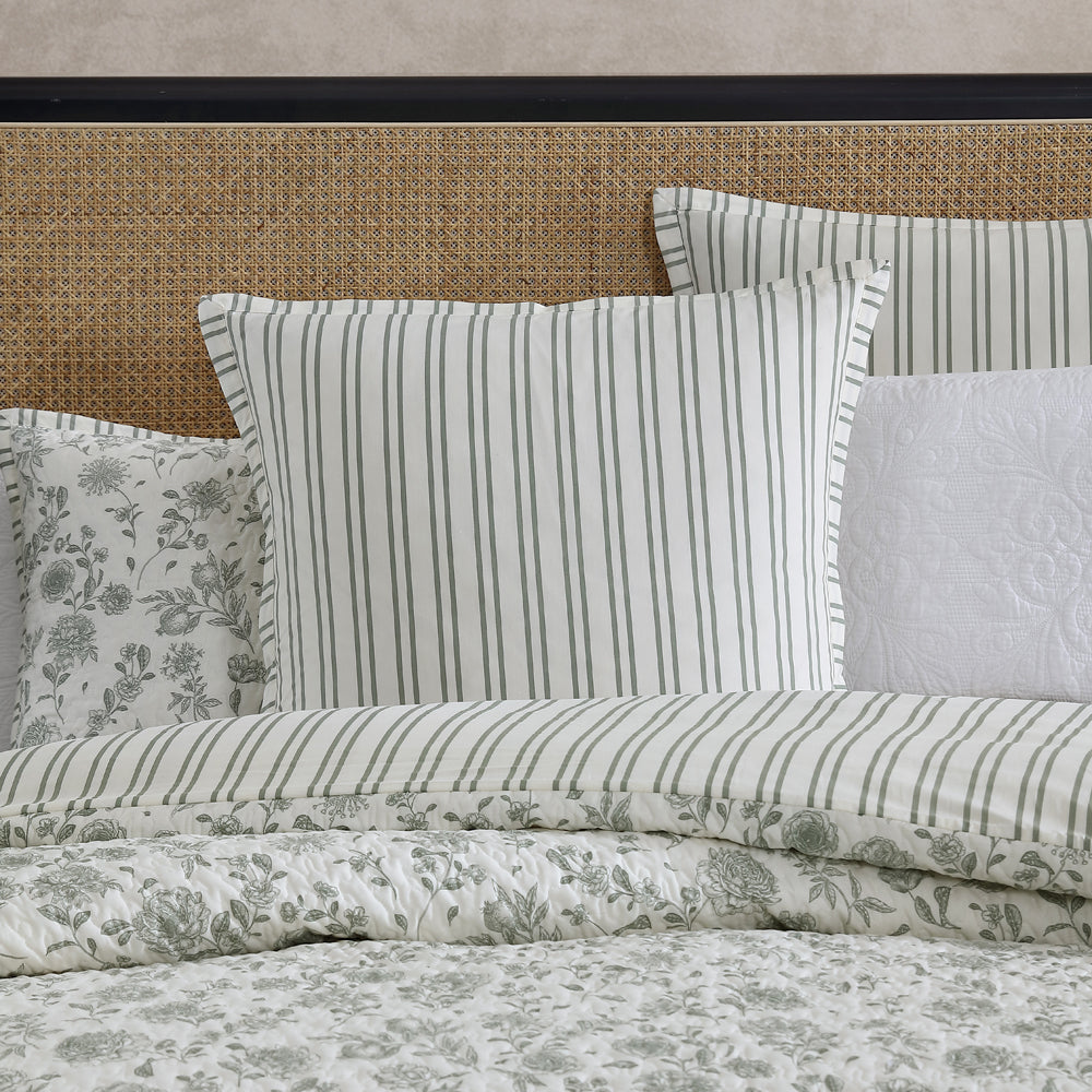 European Pillowcase - Martha's Orchard Sage from Private Collection with Pinstripe Accent