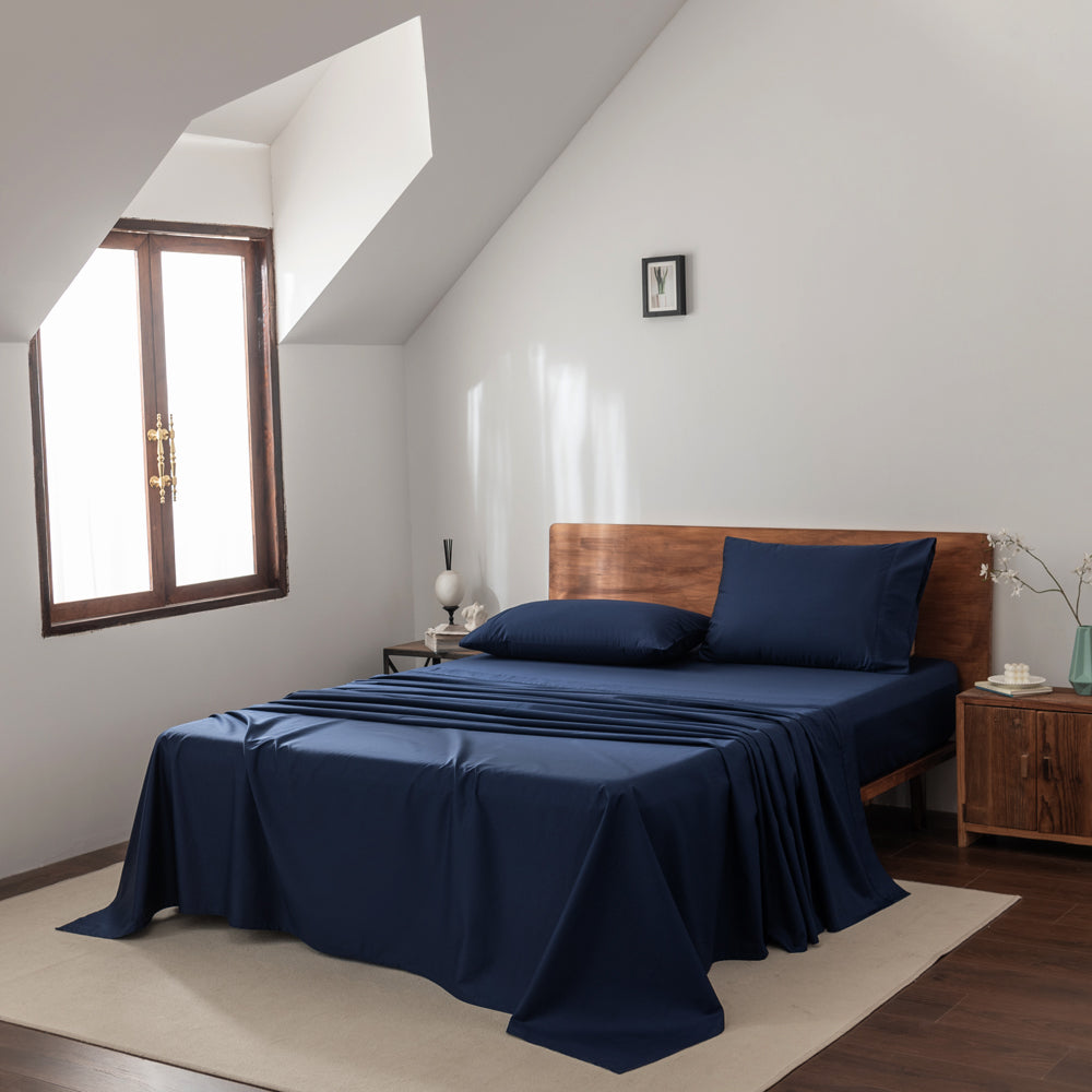 Navy King Size 60cm 400TC Casey Cotton Bed Sheet Set for Ultimate Comfort