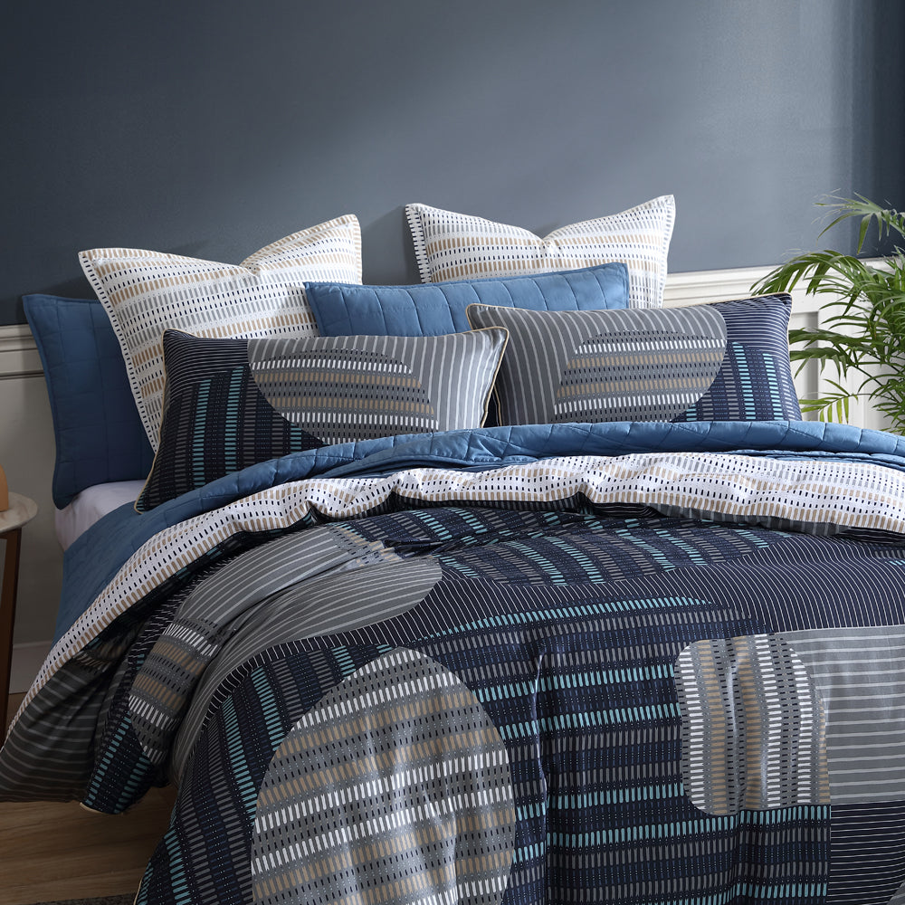 Navy Blue Contemporary Geometric Super King Quilt Cover Set - Statham by Logan and Mason
