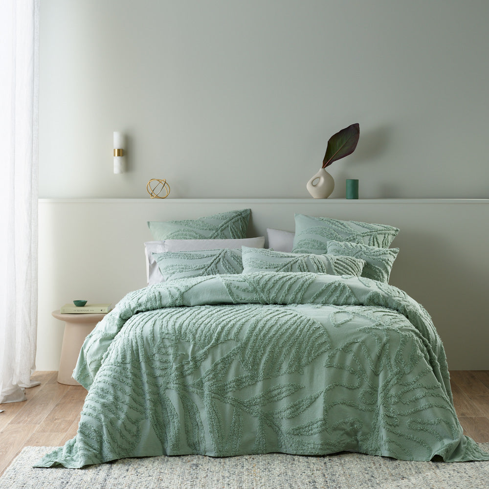 Double Bed Foliage Sage Cotton Chenille Bedspread Set for Bedroom Decor