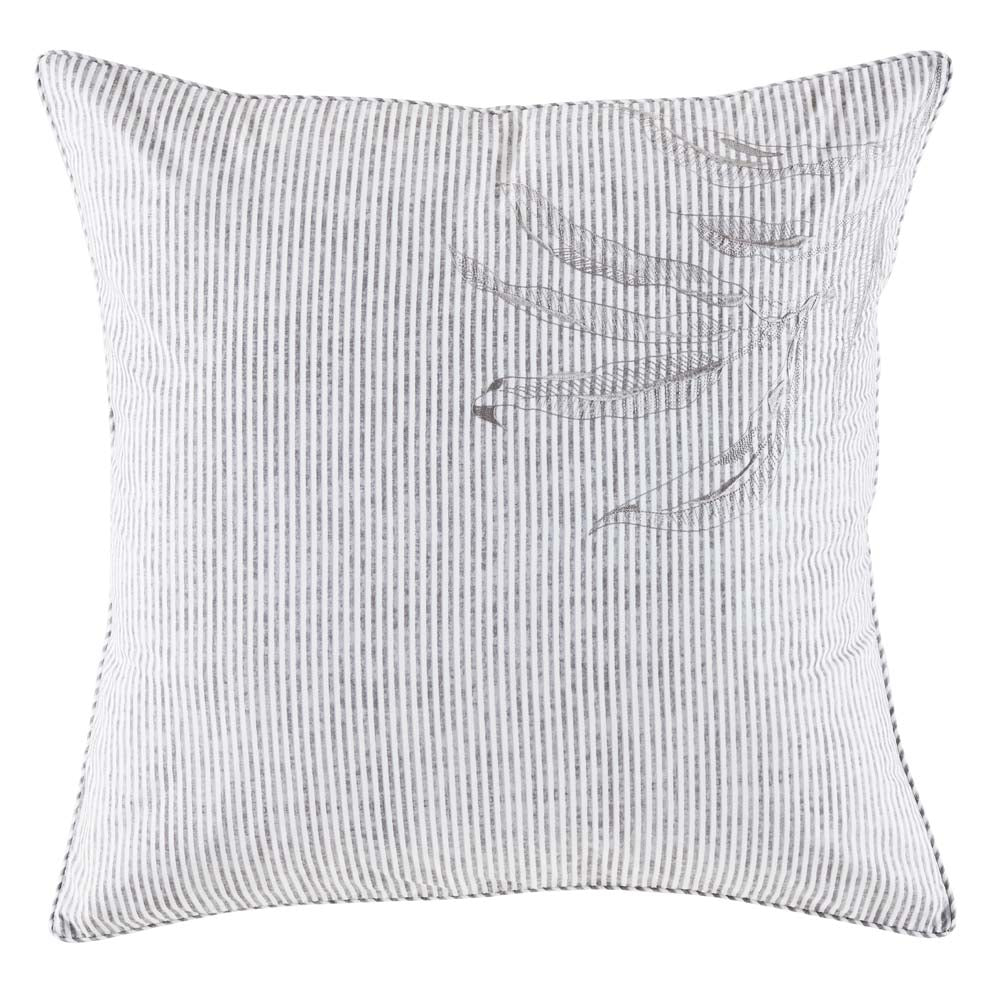 KAS Brand Whitehaven-style European Standard Pillowcase with Soft Grey Stripes and Embroidered Foliage Design