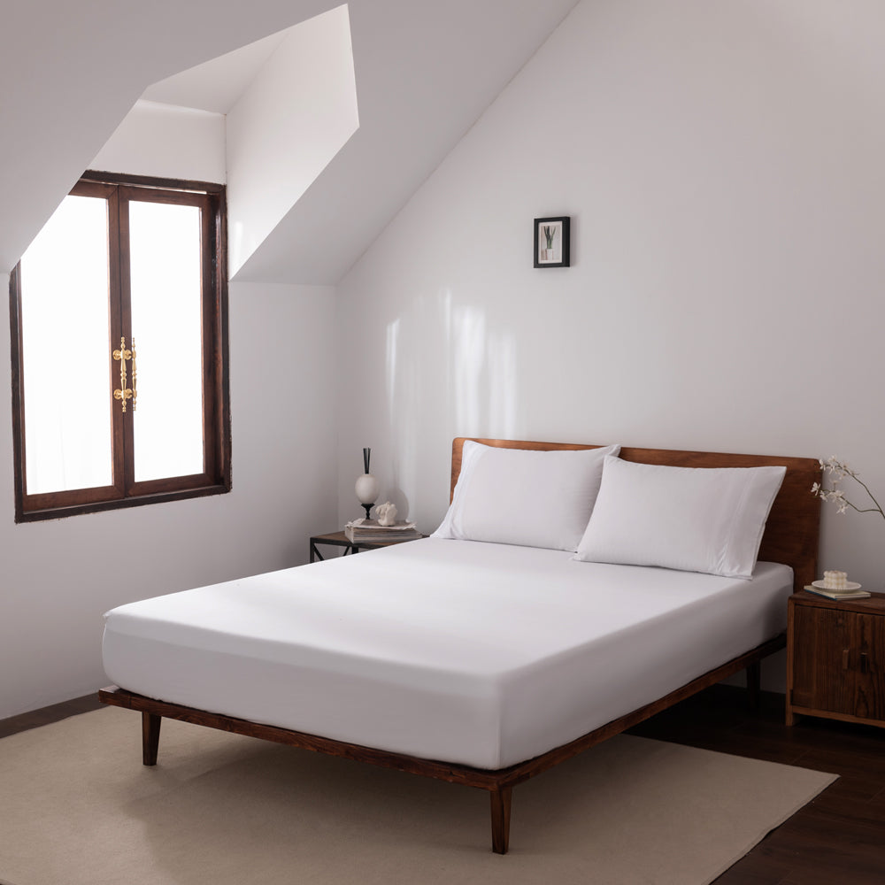 White 400TC Casey Cotton Long Single Bed 50cm Fitted Sheet & Pillowcase Set