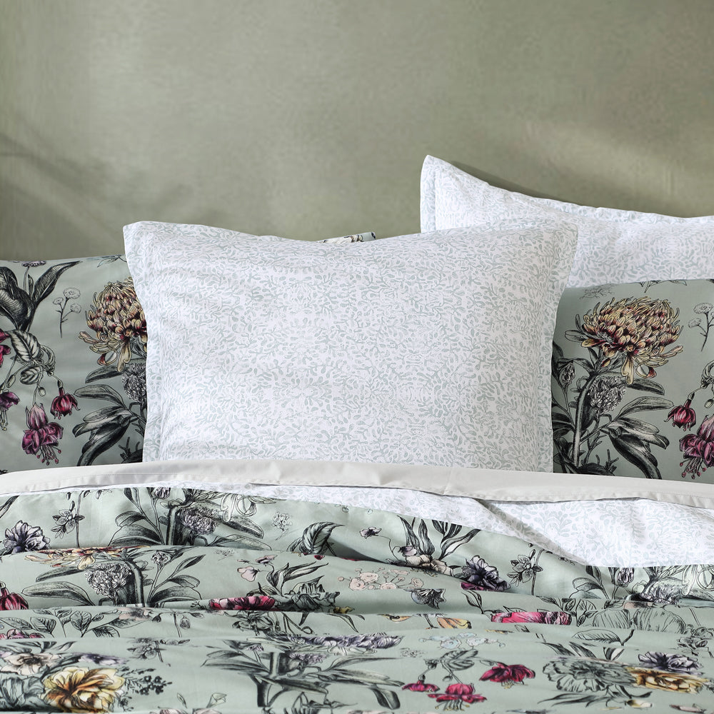 Botanical European Pillowcase in Soft Sage and White Hues