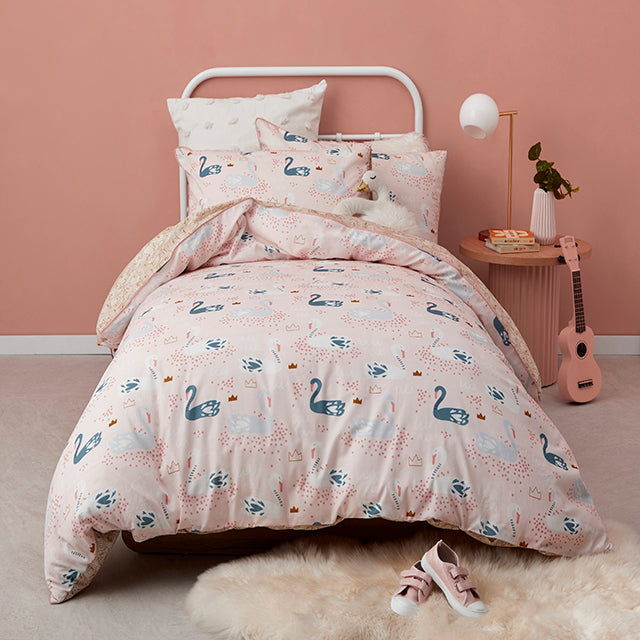 Logan and Mason Double Bed Swan Princess Blush Quilt Cover Set for Kids' Bedroom