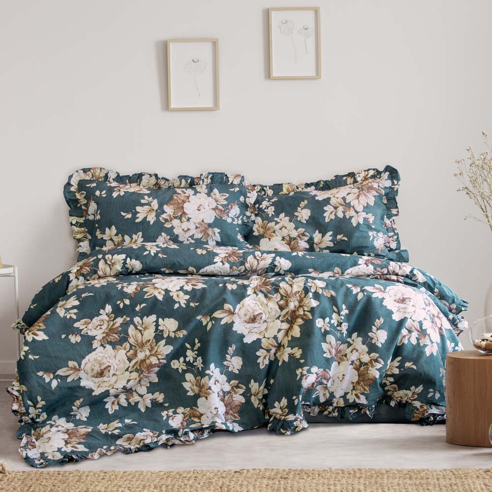 King Size Ayla Teal Quilt Cover Set with Floral and Ruffled Trim