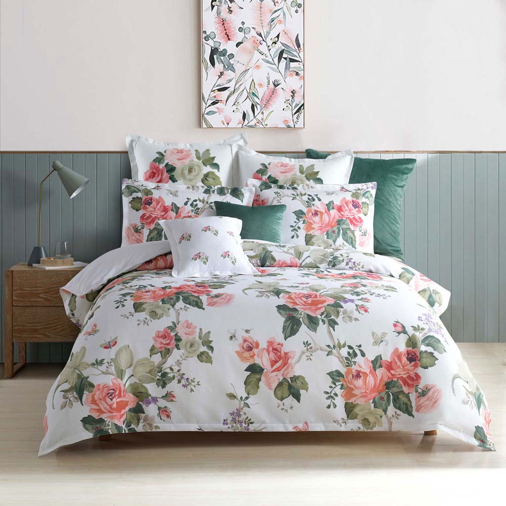 King Size English Rose Patterned White Quilt Cover Set for Bed