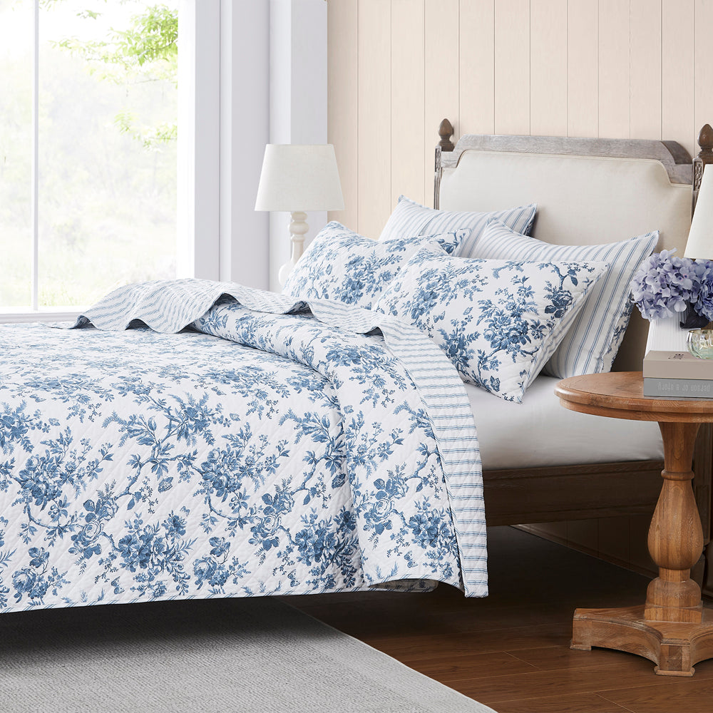 Laura Ashley Walled Garden Midnight Blue Bed Coverlet for Queen-Sized Bed