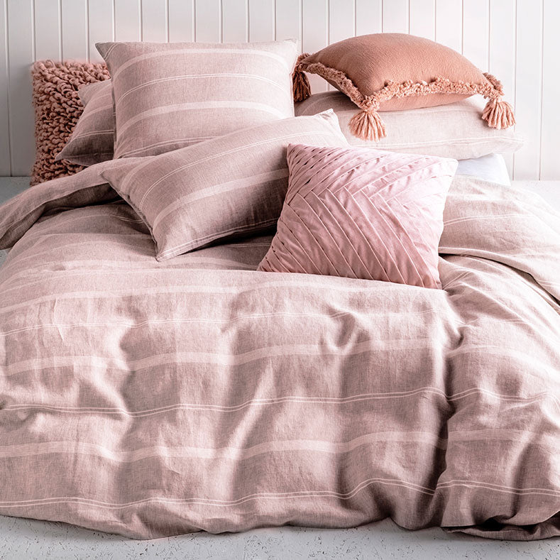 Balmoral Blush Linen - Cotton Double Bed Quilt Cover Set with Simple Stripe Design