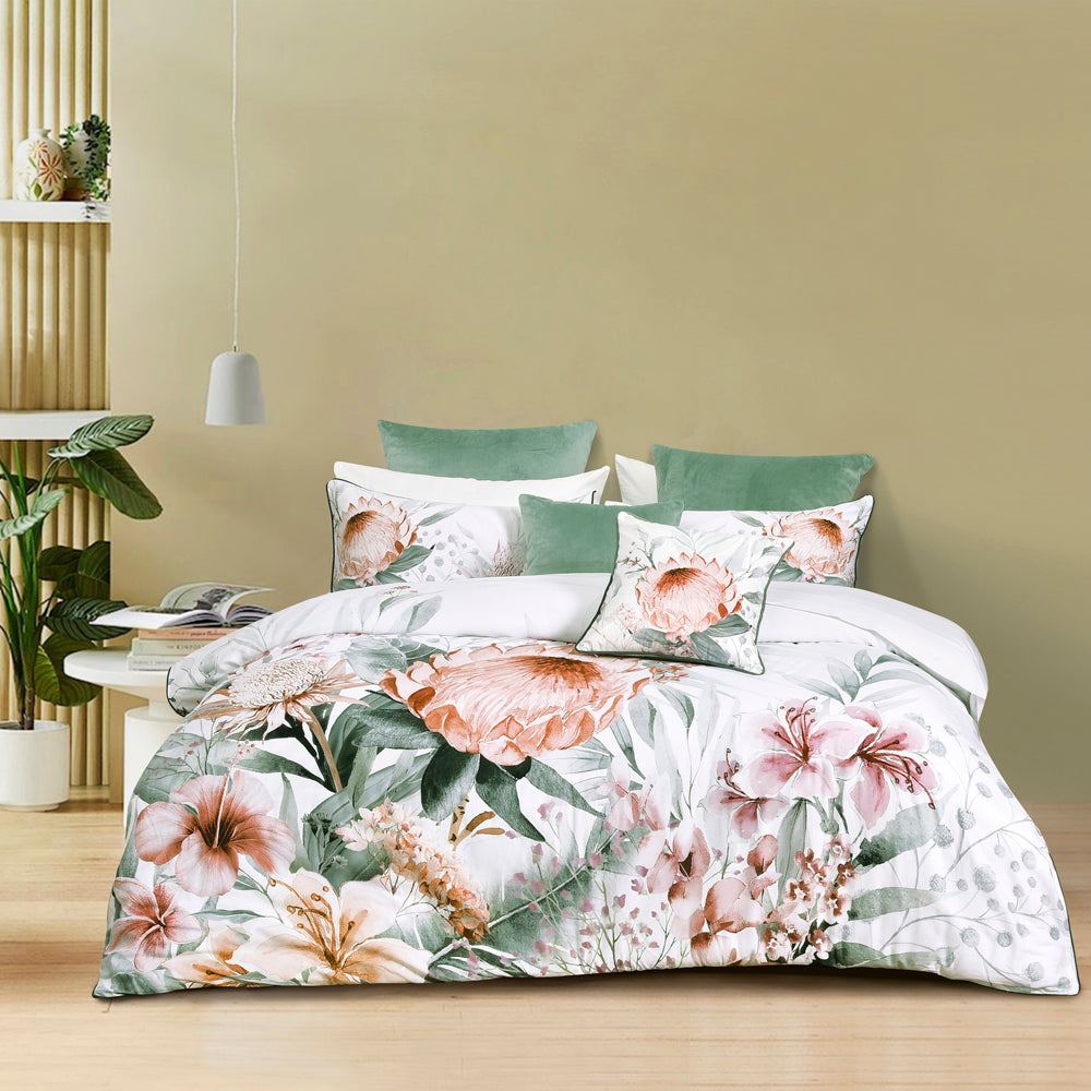 Sariya Queen-Size White Quilt Cover Set with Botanical Design