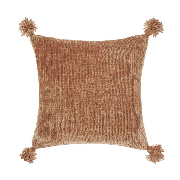 Hara Brandy Super-soft Knitted Polyester Square Filled Cushion with Pom-pom Trim