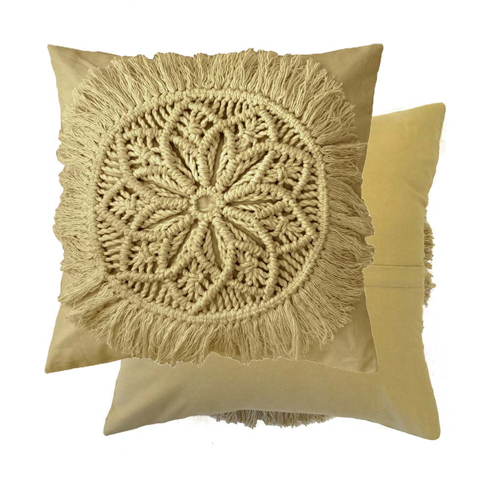 Bambury Sosa Flax Decorative Square Filled Cushion with Bohemian Macramé Design