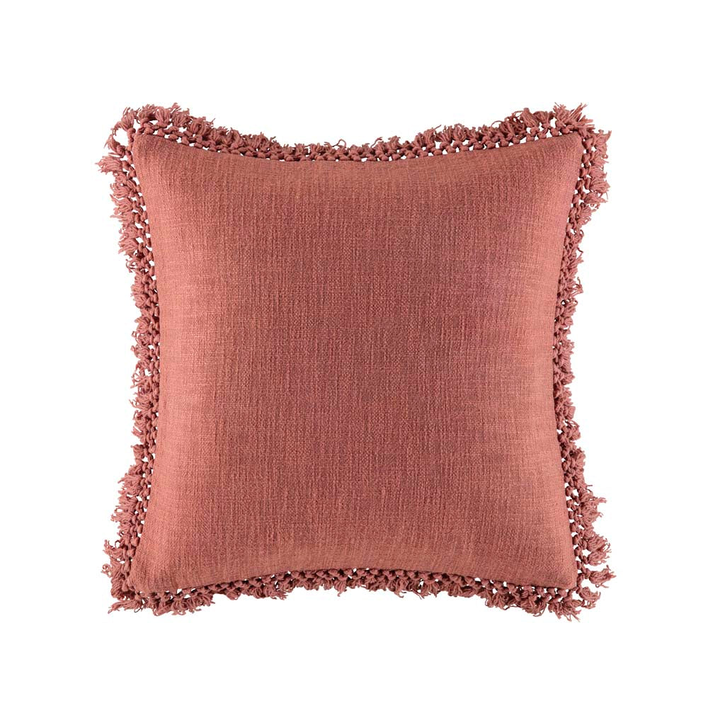 Leonie Rust Square Decorative Filled Cotton Cushion with Crochet Fringing