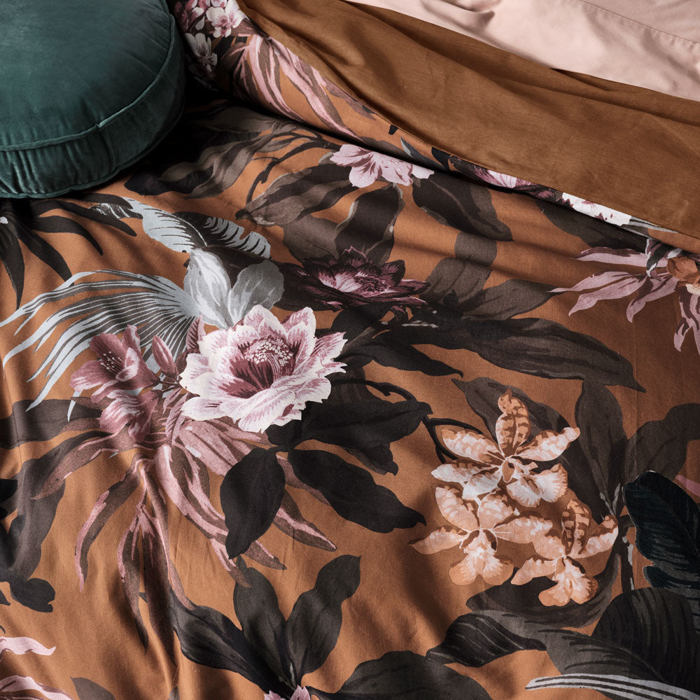 Linen House Queen Bed Marilla Cinnamon Quilt Cover Set with Tropical Print