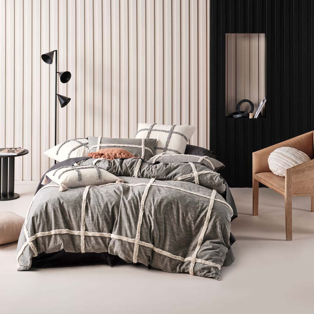 Stylish Lyndon Charcoal Cotton - Chenille Queen Bed Quilt Cover Set