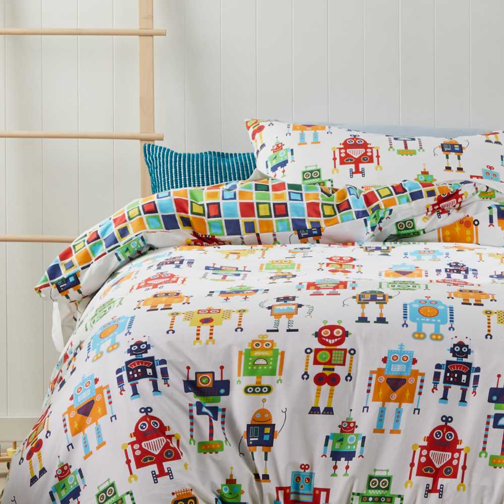Futuristic Robots Double Bed Quilt Cover Set in Bright Primary Colors
