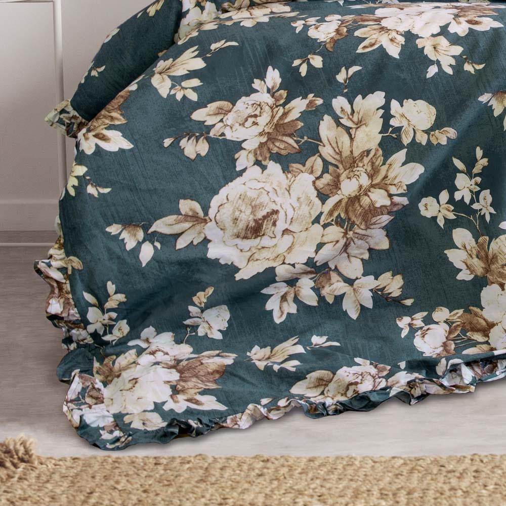 King Size Ayla Teal Quilt Cover Set with Floral and Ruffled Trim