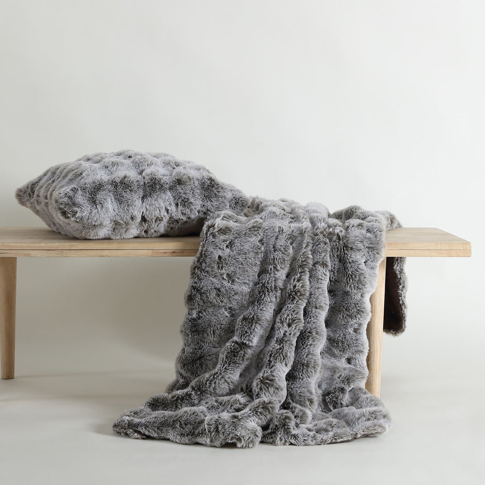 Luxurious Grey Square Rabbit Fur Filled Decorative Bedroom Cushion