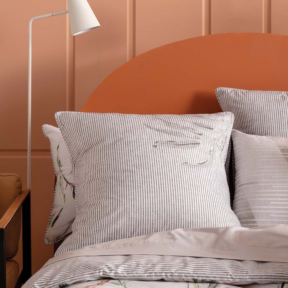 KAS Brand Whitehaven-style European Standard Pillowcase with Soft Grey Stripes and Embroidered Foliage Design