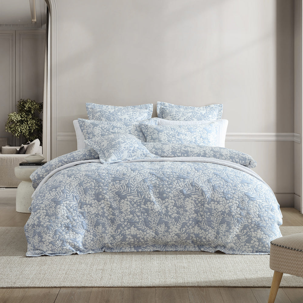 Quinn Super King Denim Quilt Cover Set with Native Australian Foliage Inspiration