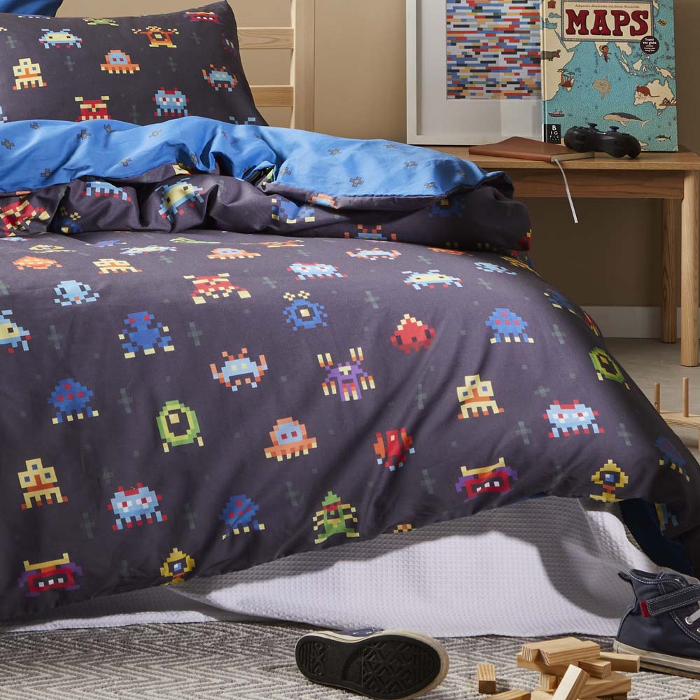 Single Bed Navy Space Invaders Inspired Quilt Cover Set
