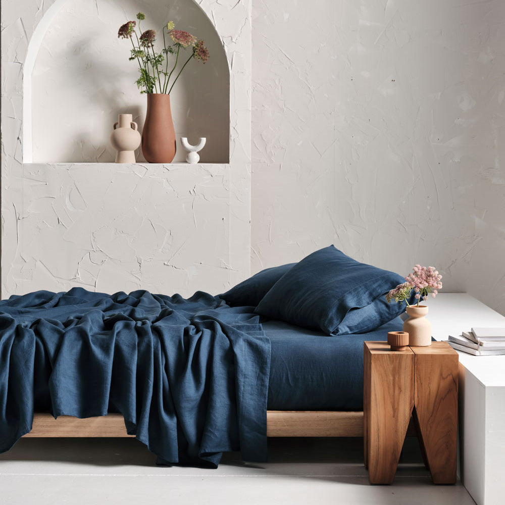 Navy Blue Linen Sheet Set for Queen Bed with 50cm Size - Ideal for All - Year Use