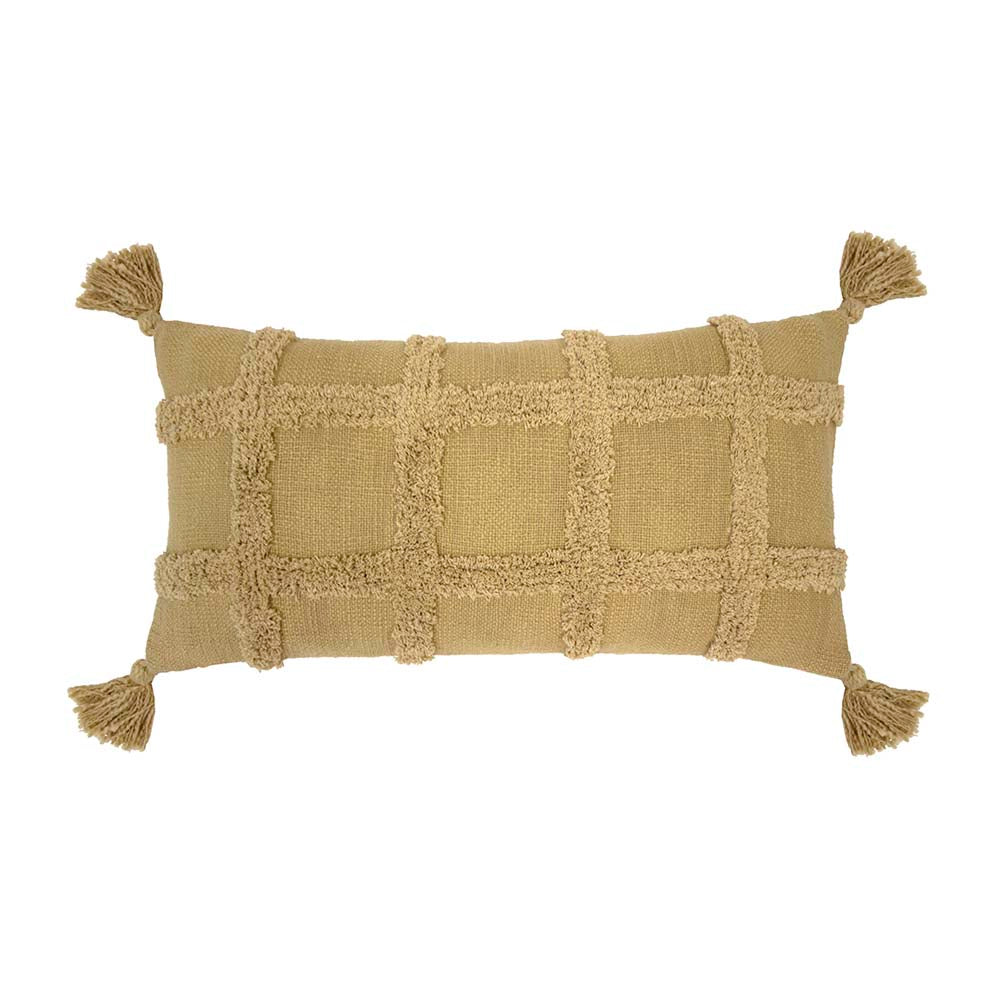 Bambury Percy Flax Long-Stuffed Decorative Cushion with Tassels and Check Pattern