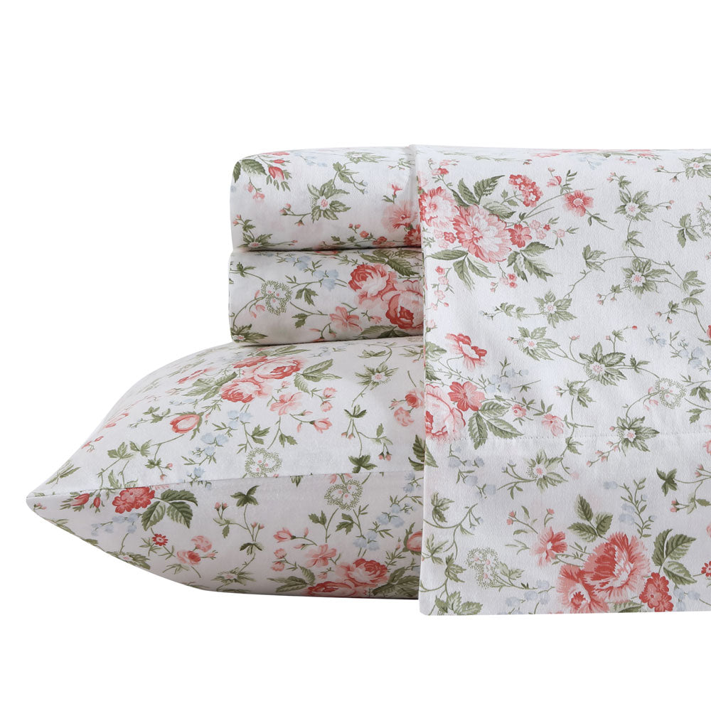 Queen-Size Laura Ashley Lillian Coral Sateen Cotton Sheet Set