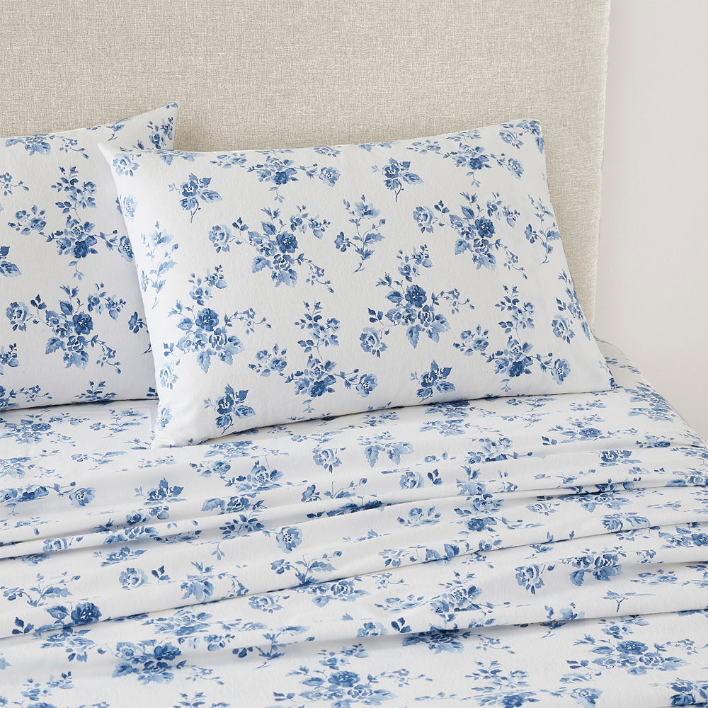 Laura Ashley Double Bed Midnight Blue China Rose Flannelette Sheet Set for a Cozy Bedroom