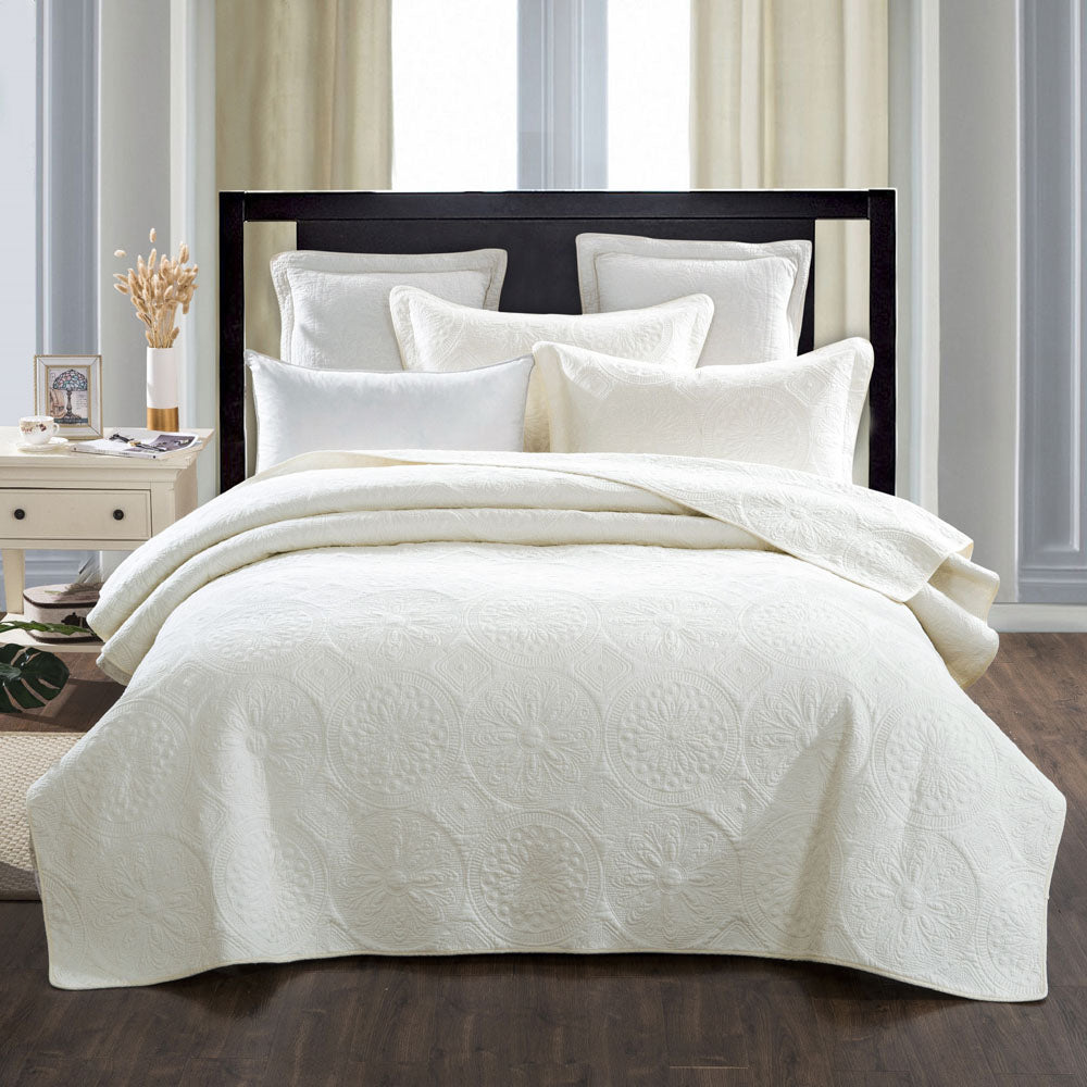 Luxurious Ivory Floral Embossed King Single Bed Coverlet Set
