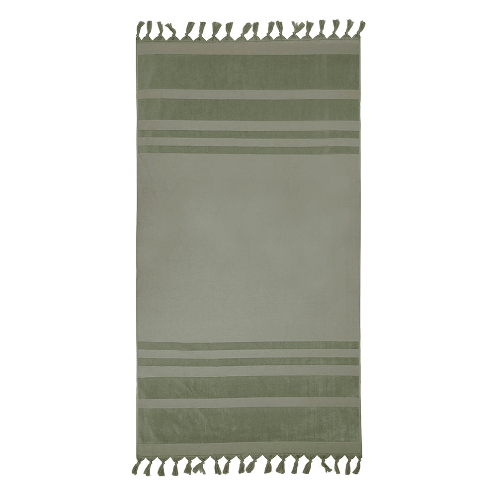 Aurora Moss Velour Striped Beach Towel with Knotted Tassels